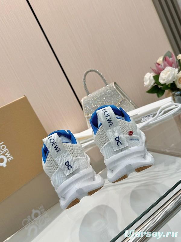 2025 Unisex Loewe White Blue Mesh Leather Sneakers