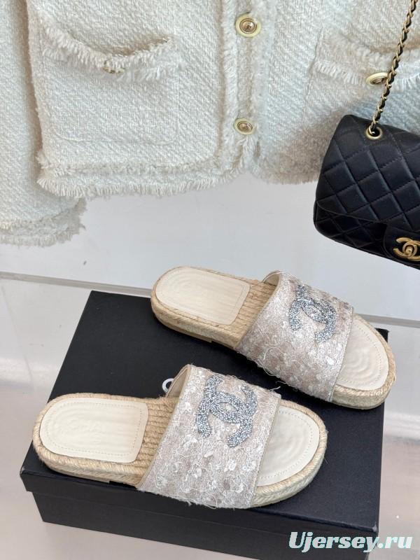 2025/Women Chanel White Lace Espadrille Slides With Sequined CC Logo KFY00240(F)