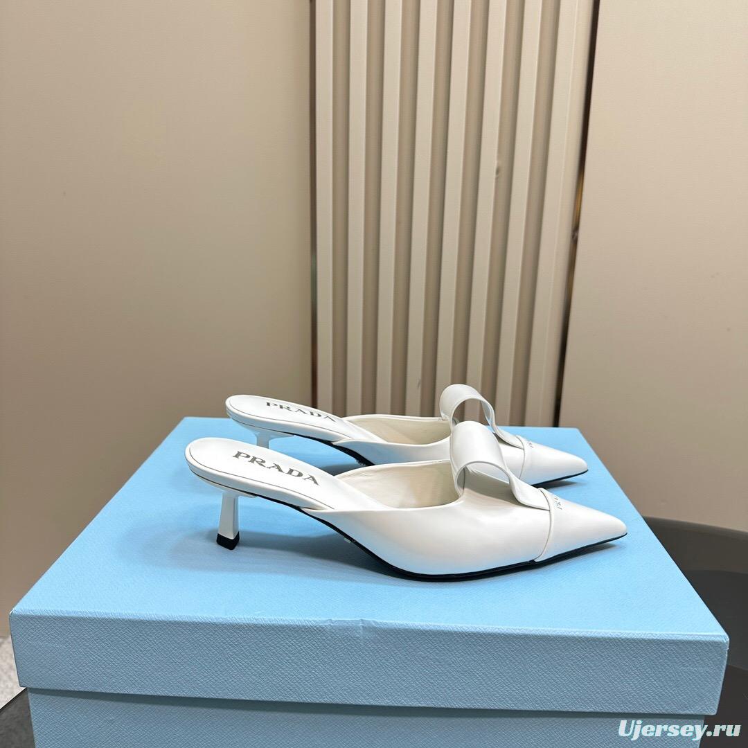 2025 Women Prada White Leather High Heel Mules