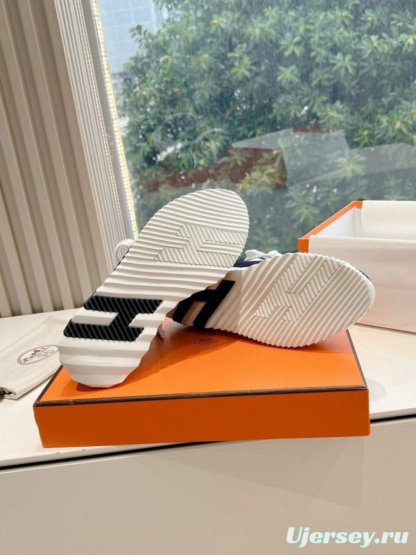 2024 Unisex Hermès Navy Brown Calfskin Suede Knit Sneakers MJ00290