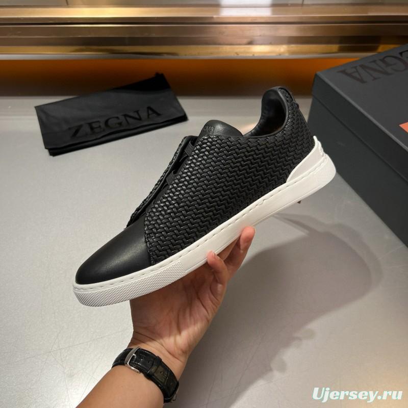 2024 Men Ermenegildo Zegna Black Smooth Calfskin Pelletessuta Sneakers Elastic Detail MJ00280