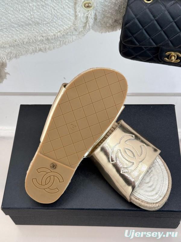 2025 Women Chanel Gold Leather Slippers