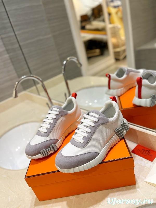 2024 Women Hermès white gray mesh suede sneakers
