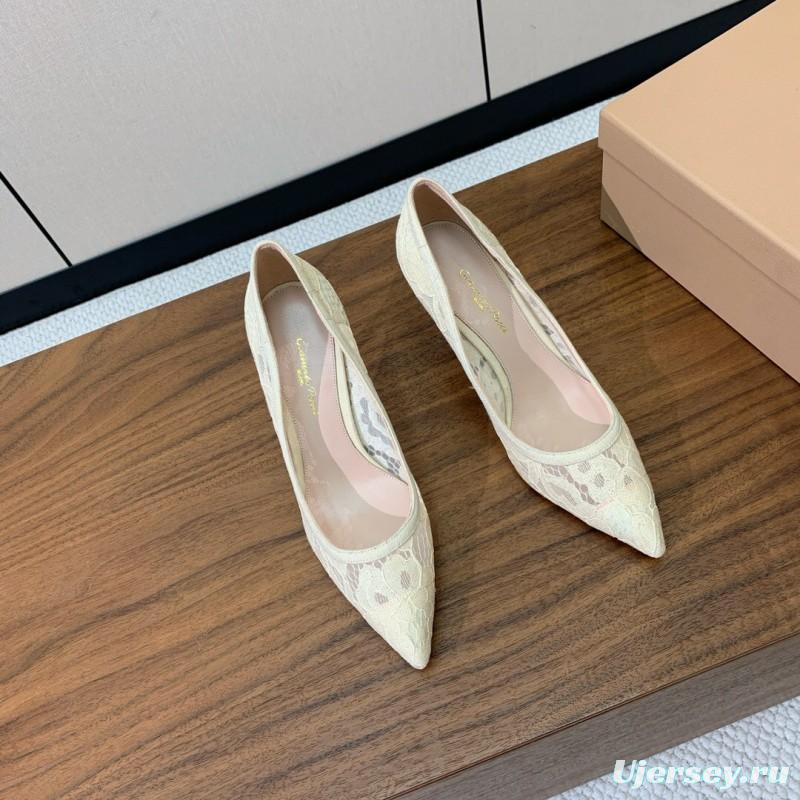 2025 Women Gianvito Rossi White Lace Leather Pumps KFY00280