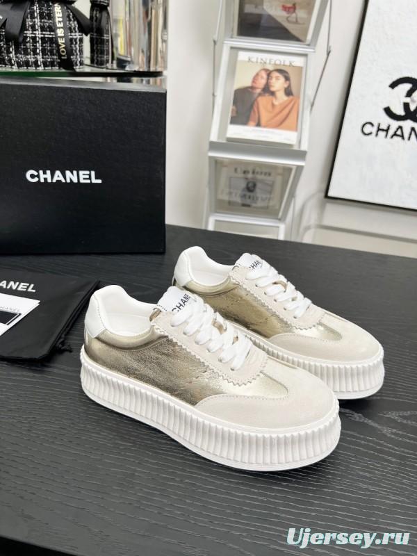 2025 Women Chanel White Gold Leather Suede Sneakers LY00270
