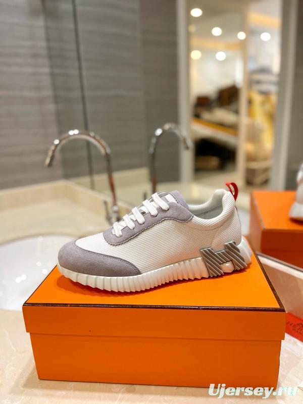 2024 Women Hermès white gray mesh suede sneakers