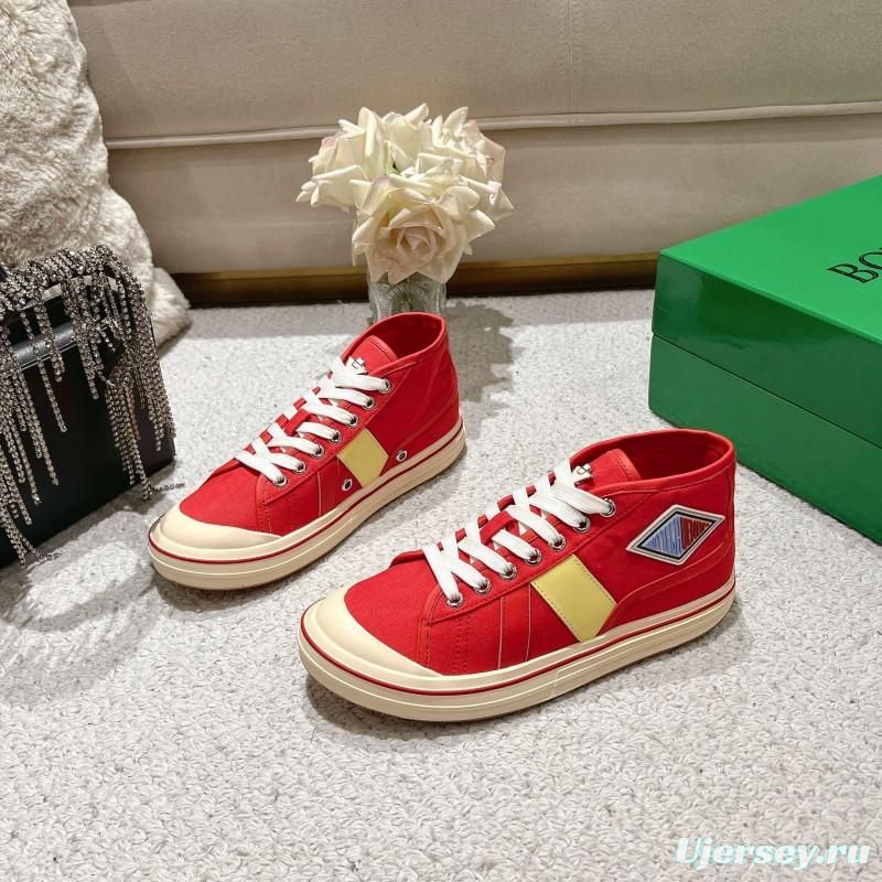 2025 Unisex Bottega Veneta Red Canvas Leather Sneakers Hand Painted LY00