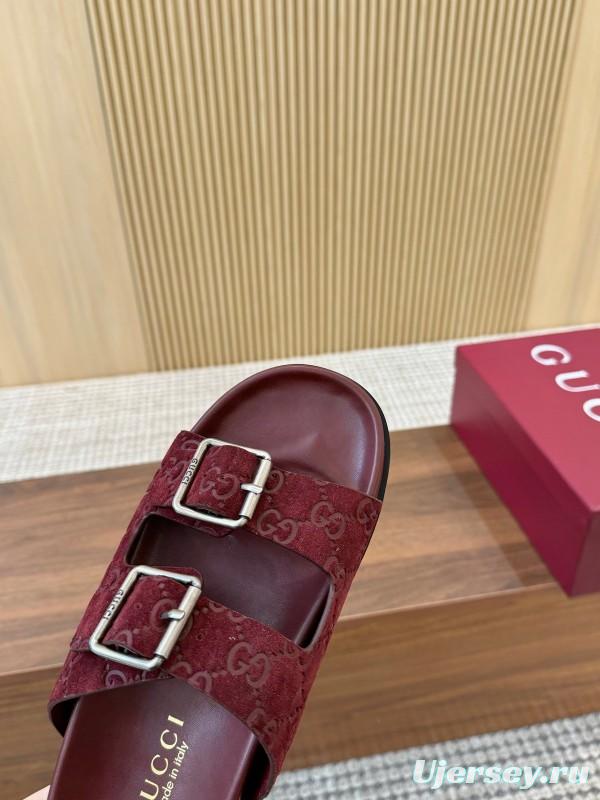 2025 Women Gucci Red Suede Leather Sandals Double Buckle LY00260