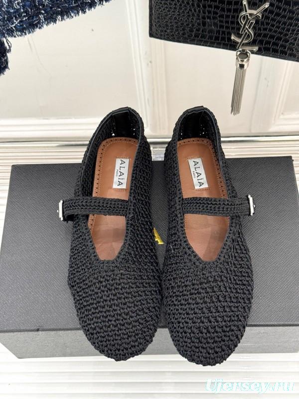 2025 Women AlAIA Black Woven Leather Mary Jane KFY00310