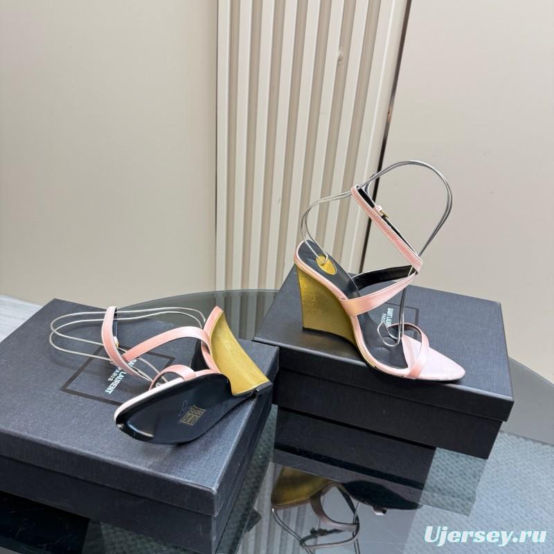2025 Women Yves Saint Laurent Pink And Olive Silk Wedge Sandals Elegant Design KFY00290(F)
