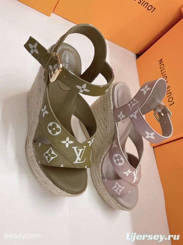 2025 Women Louis Vuitton Pink Beige Green Leather Denim Espadrilles Sandals MJ00280