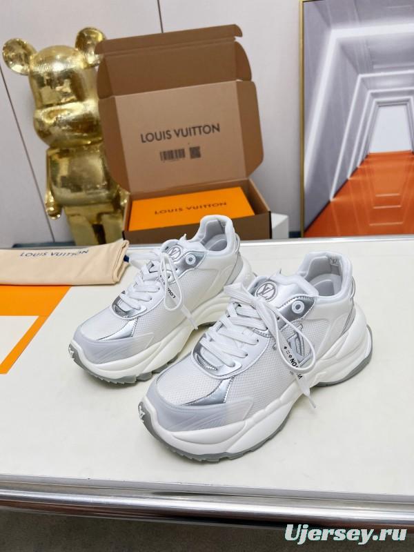 2025 Women Louis Vuitton White Grey Mesh Leather Sneakers LY00340