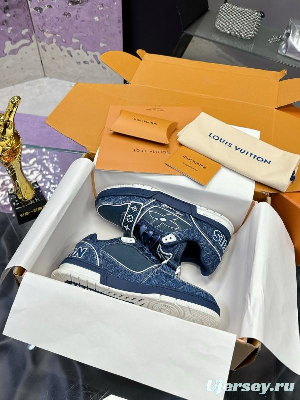 2024 Men Louis Vuitton Blue Denim Calfskin Silk Plimsolls Washed MJ00410