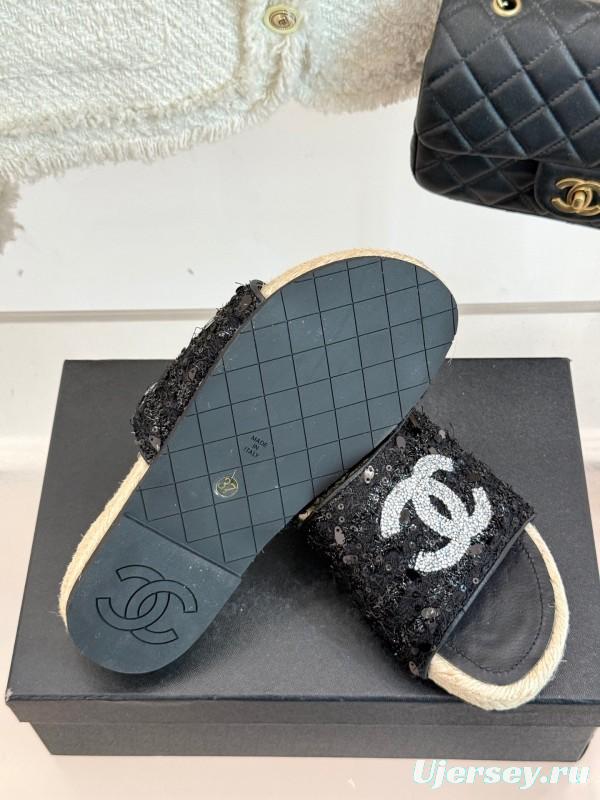2025 Women Chanel Black Sequin Espadrille Slides Classic Double C Logo Handmade Braided Sole KFY00240(F)