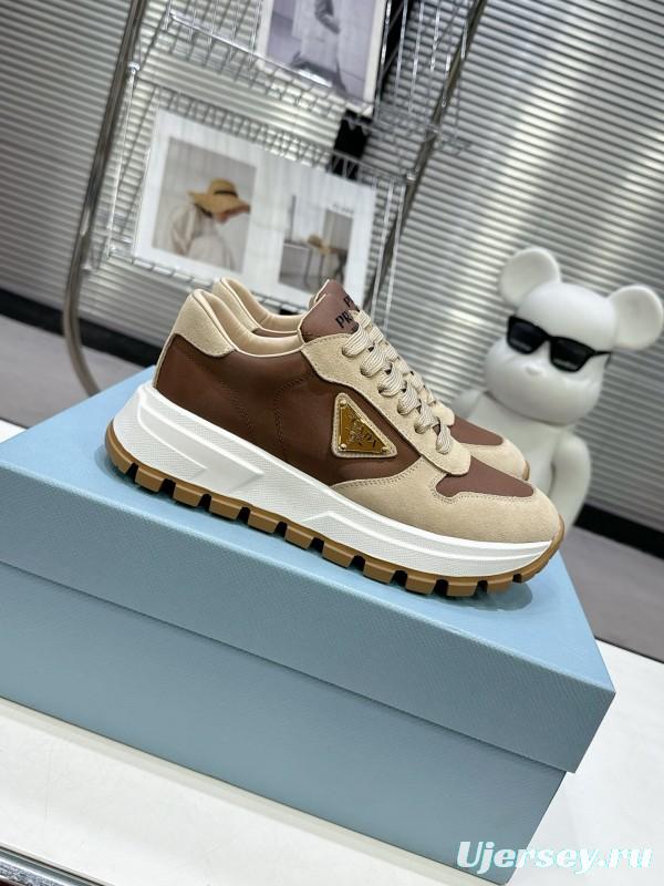 2025 Women Prada Beige Brown Leather Sneakers KFY00310