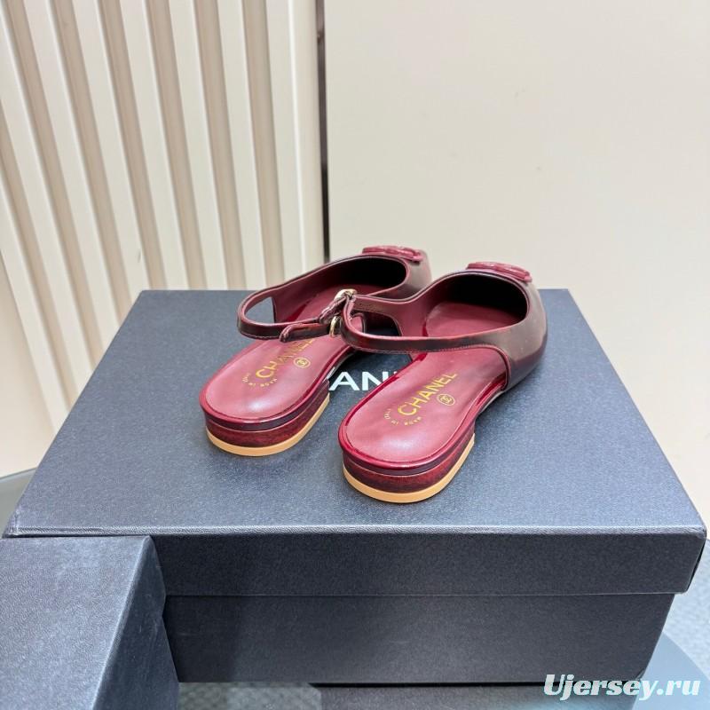 2025 Women Chanel Bordeaux Leather Slingback Sandals KFY00290