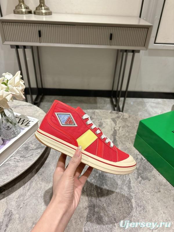 2025 Unisex Bottega Veneta Red Yellow Canvas Leather Sneakers Hand Painted KFY00260(F/M)
