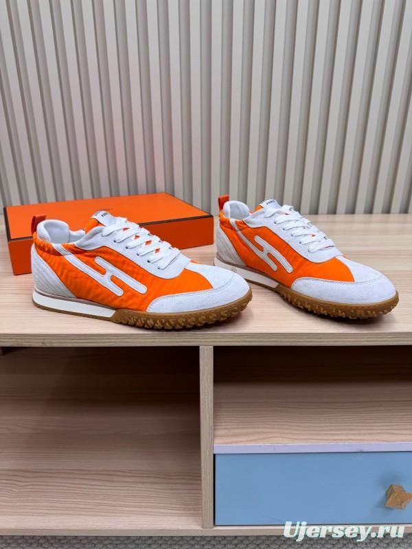 2025 Unisex Hermès Orange White Suede Nylon Sneakers Top Version LY00310
