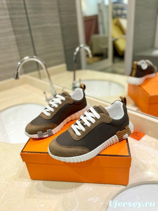 2024 Unisex Hermès Brown Khaki Mesh Suede Sneakers