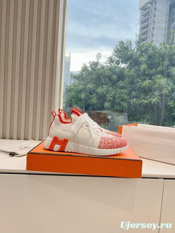 2024 Unisex Hermès white orange leather knit sneakers
