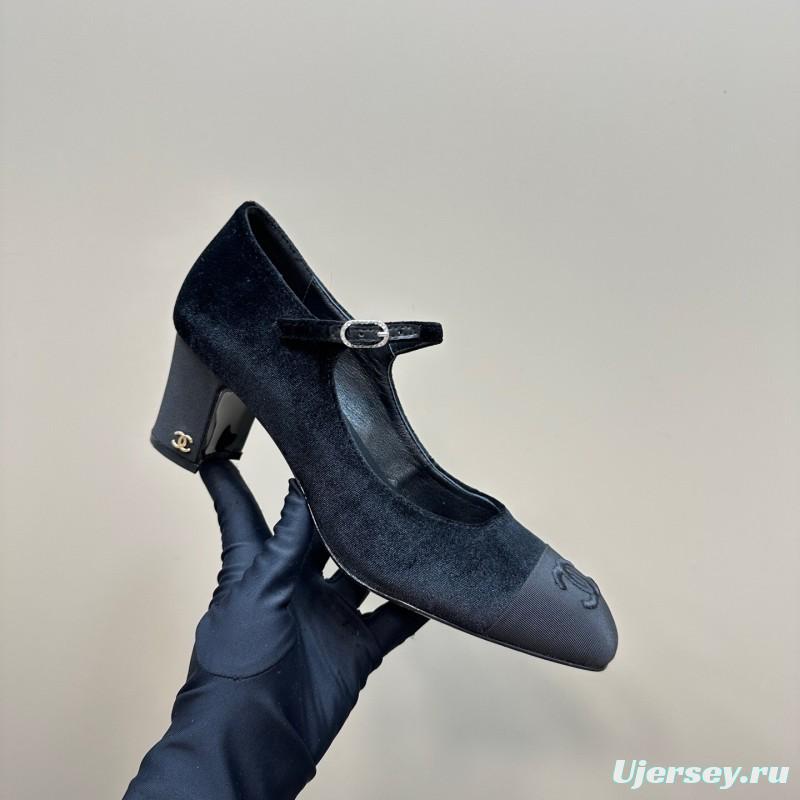 2025 Women Chanel Black Velvet Leather Mary Jane CC Logo KFY00290