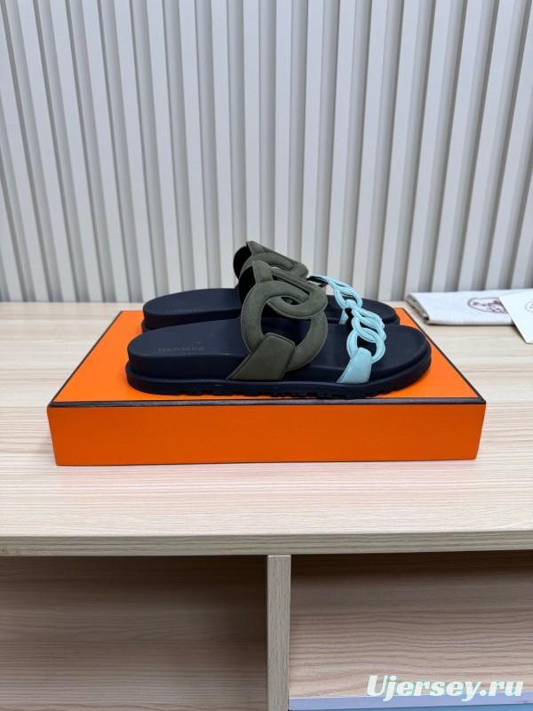 2025 Women Hermès Black Light Blue Leather Slippers