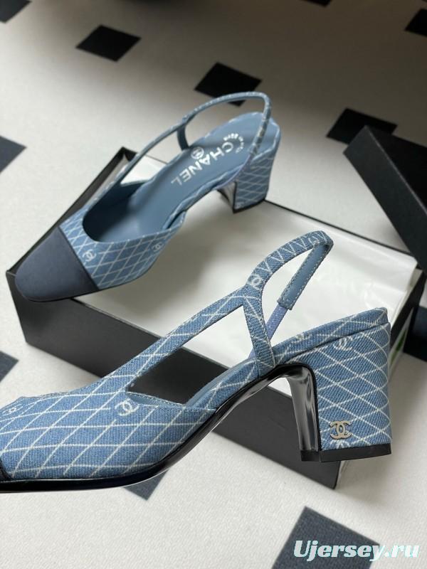 2025 Women Chanel Light Blue Denim Leather Sling-back Heels