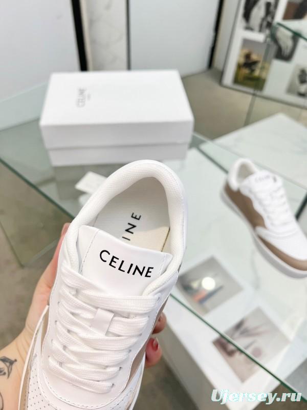 2025 Women Celine White Beige Leather Sneakers BLOCK TRIOMPHE KFY00260