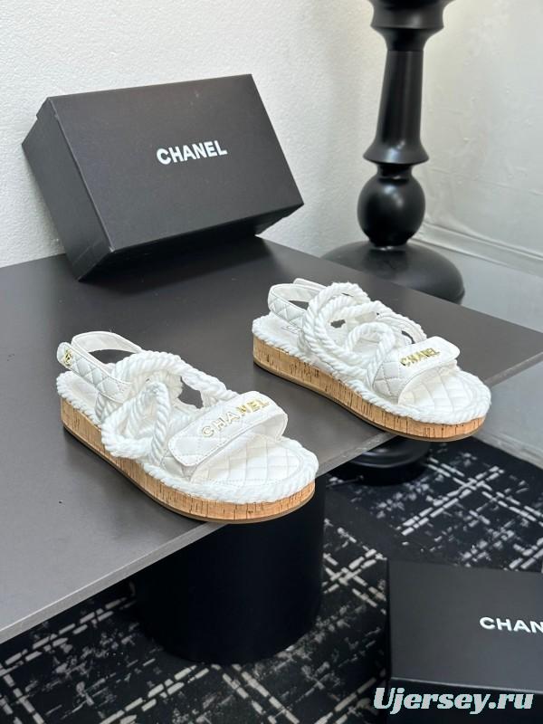 2025 Women Chanel White Leather Roped Espadrille Sandals LY00260