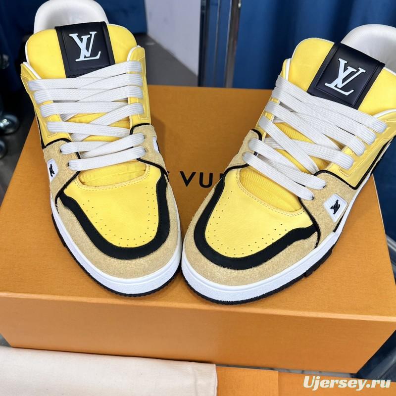 2025 Men Louis Vuitton Yellow Black Leather Suede Sneakers