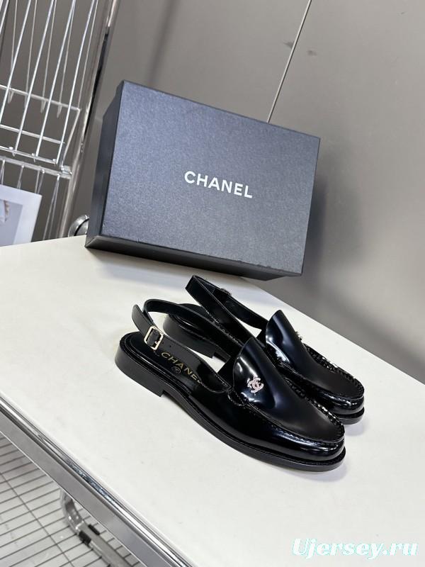 2025 Women Chanel Black Leather Loafers CC Logo KFY00300