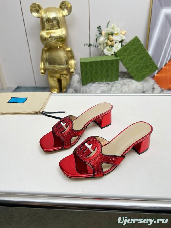 2025 Women Gucci Red Leather Slippers MJ00190