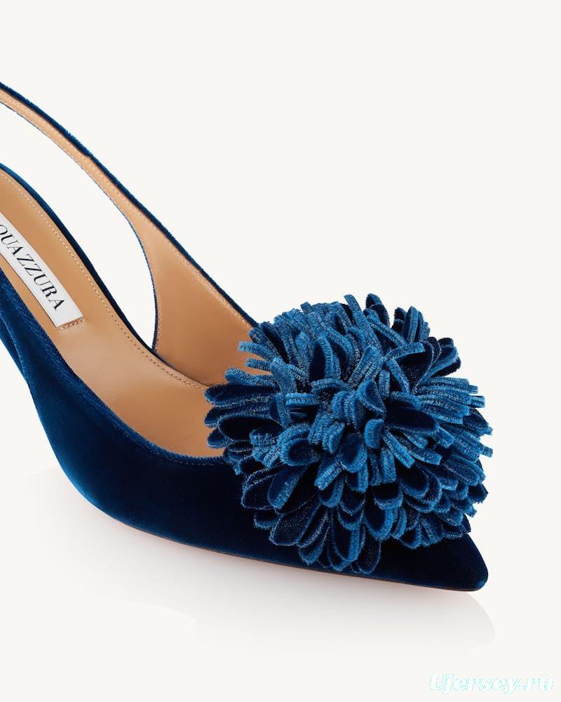 2025 Women Aquazzura Deep Blue Velvet Slingback Pom Pom Pumps KFY00320