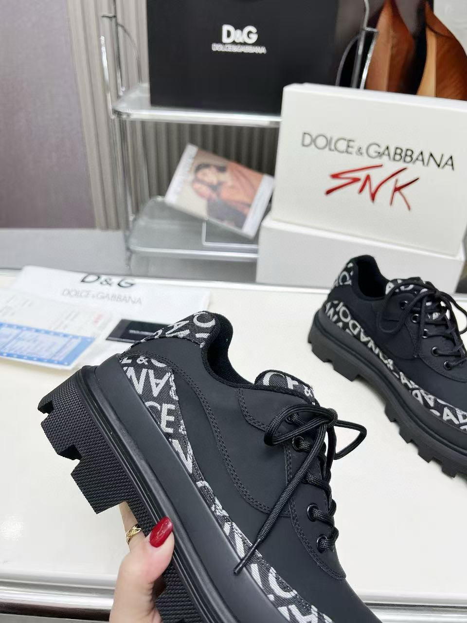 2024 Unisex Dolce & Gabbana Black Fabric Leather Chunky Sneakers