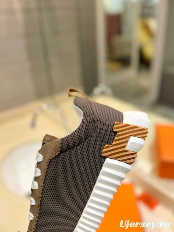 2024 Unisex Hermès Brown Khaki Mesh Suede Sneakers