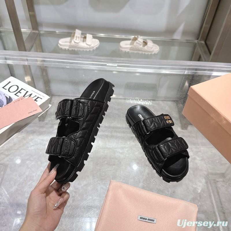 2025 Women Miu Miu Black Leather Slide Sandals