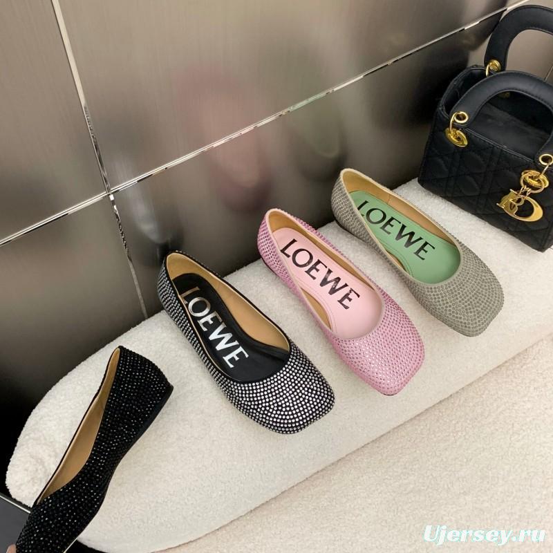 2025 Women Loewe Pink Lambskin Rhinestone Ballet Flats LY00291