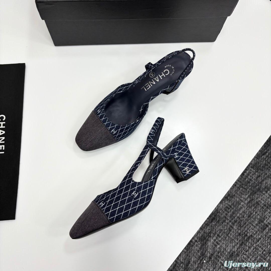 2025 Women Chanel Blue Grey Denim Leather Slingback LY00240