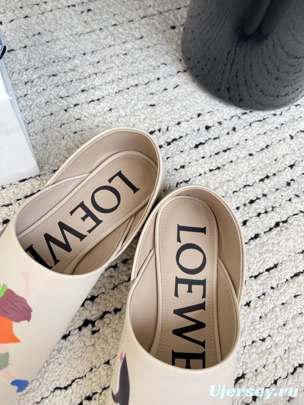 2025 Women Loewe Beige Lambskin Slippers Whale Pattern