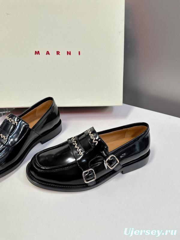 2025 Women Marni Black Leather Loafers KFY00320
