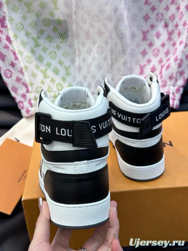 2024 Men Louis Vuitton Black White Leather High Top Sneakers MJ00420