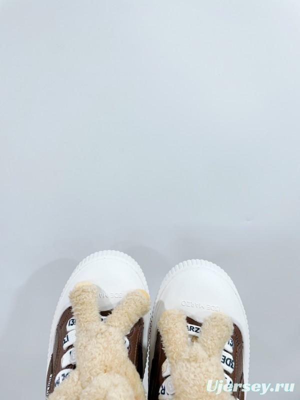 2025 Women 13DE MARZO Brown White Leather Plush Toy Sneakers KFY00300