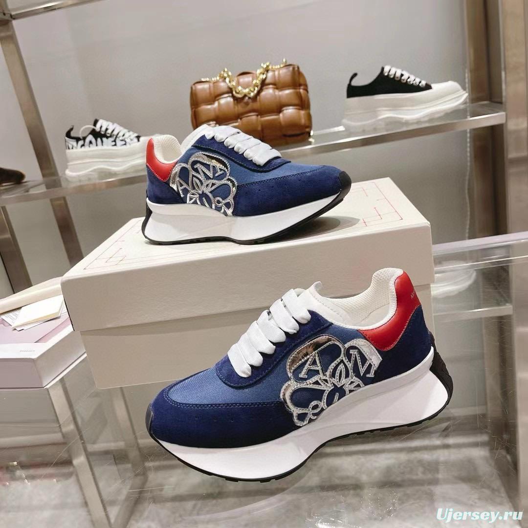 2024 Unisex Alexander McQueen Blue Red Leather Suede Mesh Sneakers MJ00370