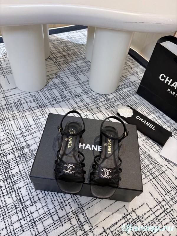 2025 Women Chanel Black Leather Sandals LY00270