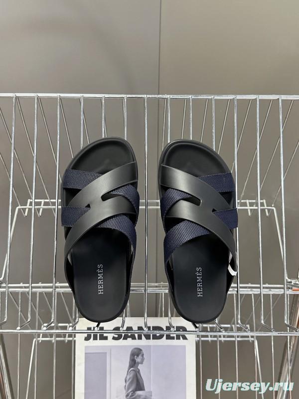 2025 Unisex Hermès Black Leather Fabric Slippers