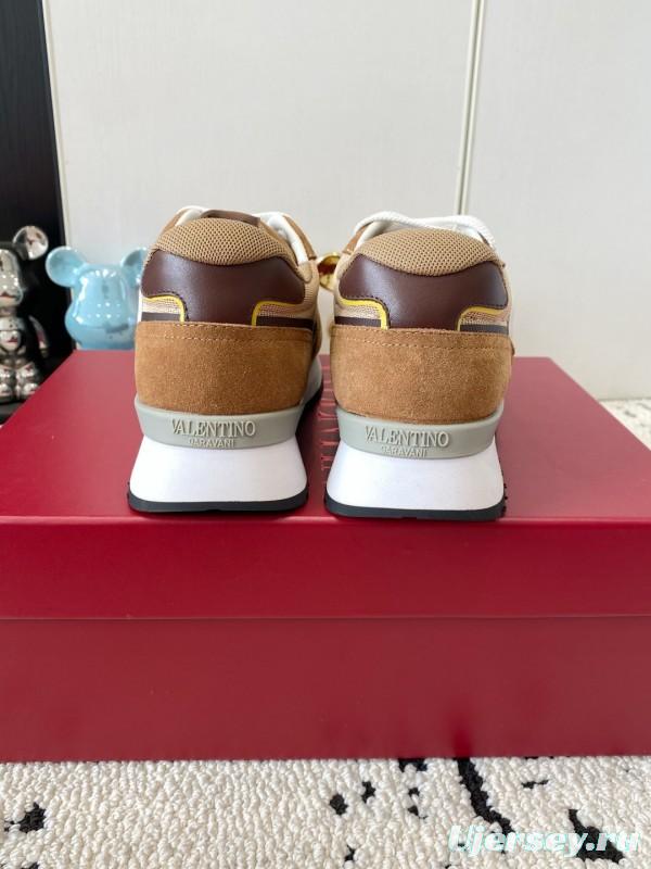 2025 Unisex Valentino Beige Brown Yellow Suede Silk Cow Leather Sneakers LY00340