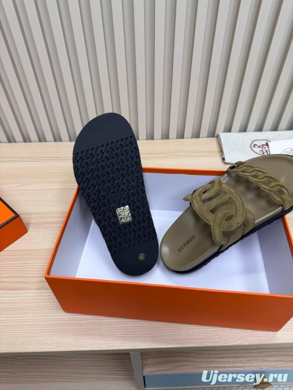 2025 Women Hermès Khaki Suede Slippers