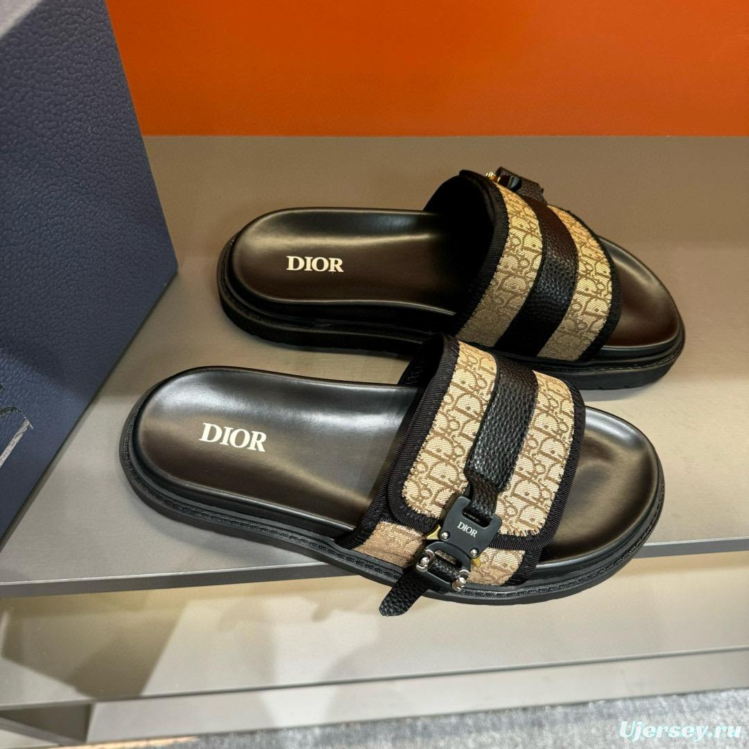 2024 Slippers Dior Beige Black Leather Canvas Slippers
