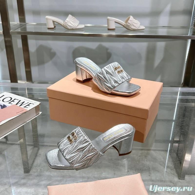 2025 Women Miu Miu Silver Leather High Heel Sandals