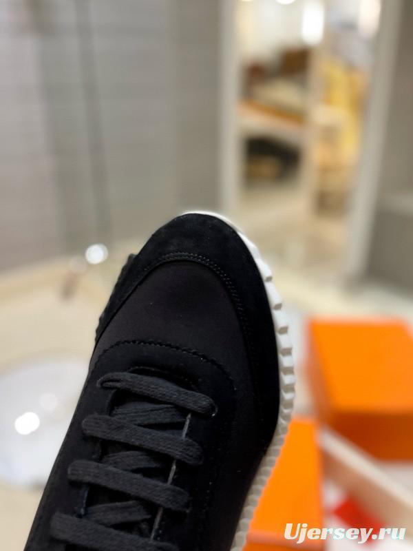 2024 Unisex Hermès Black Orange Glossy Calfskin Nylon Sneakers MJ00320